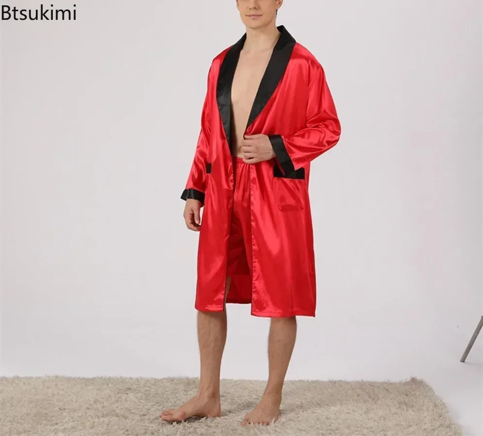 2024 Men\'s Summer Casual Silk Robe Sets Sleepwear Robe&Shorts Two Pieces Man Satin Comfortable Kimono Gown Housewear Bathrobe