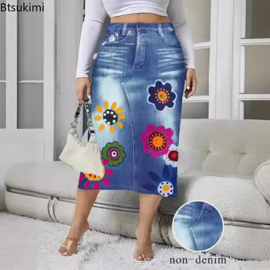 New 2025Women's Spring Autumn Elegant Modest Plus-size Skirts Fashion Women's Silm Fit Dress Imitation Denim Print Bag Hip Skirt