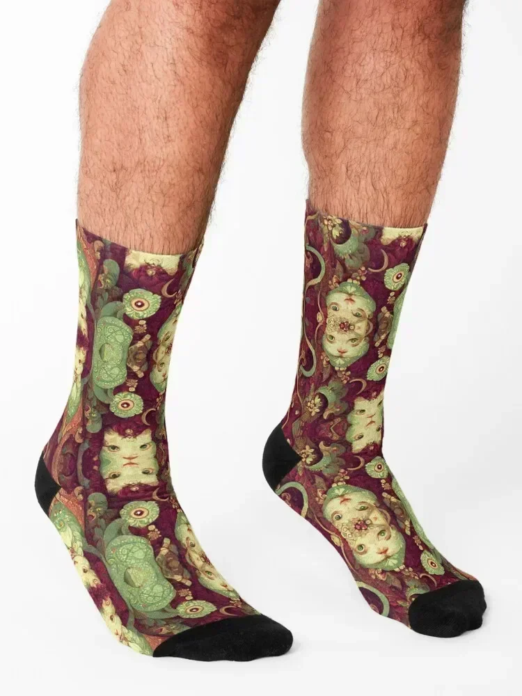 Kitten Cat Sage Green Dream on Burgundy Red Floral Motif Socks custom heated cute Socks For Men Women's