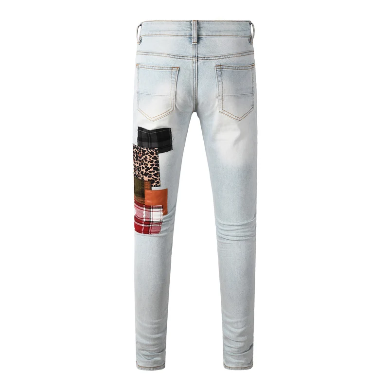 Designer High Street Fashion's new men's jeans y2k washed nostalgic patch perforated light blue jeans hip-hop brand spliced pant