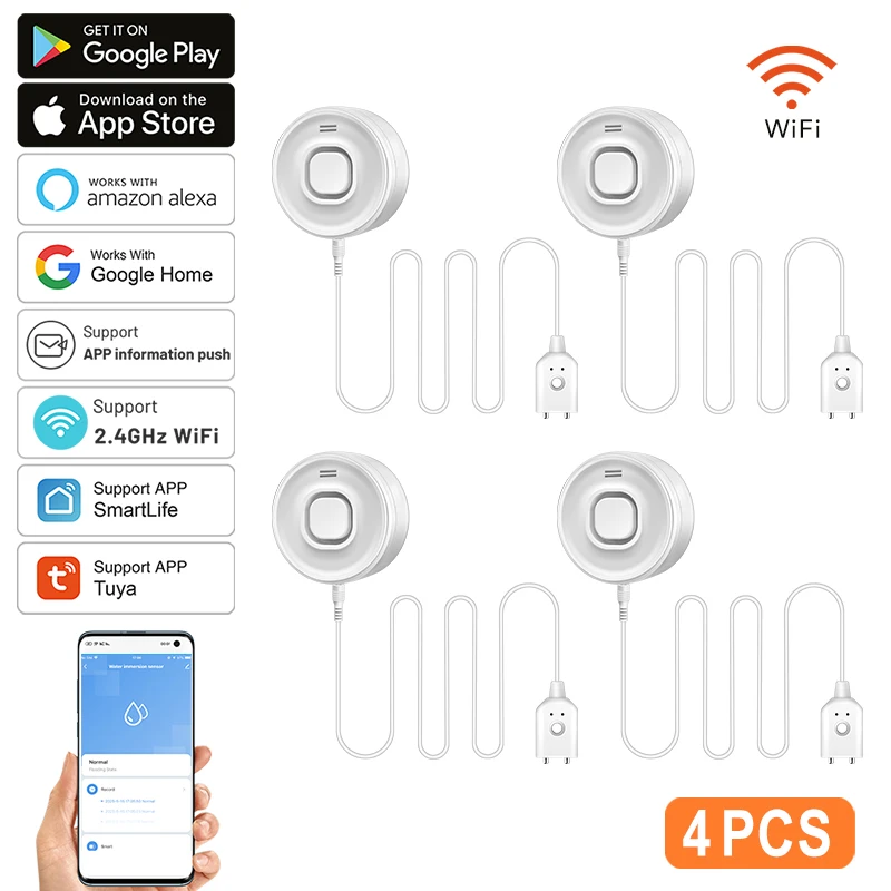 

DYGSM Tuya Smart WIFI Детектор утечки воды — оповещения о приложении в реальном времени, сигнализация 100 дБ, регулируемая громкость и предупреждение о низком заряде батареи