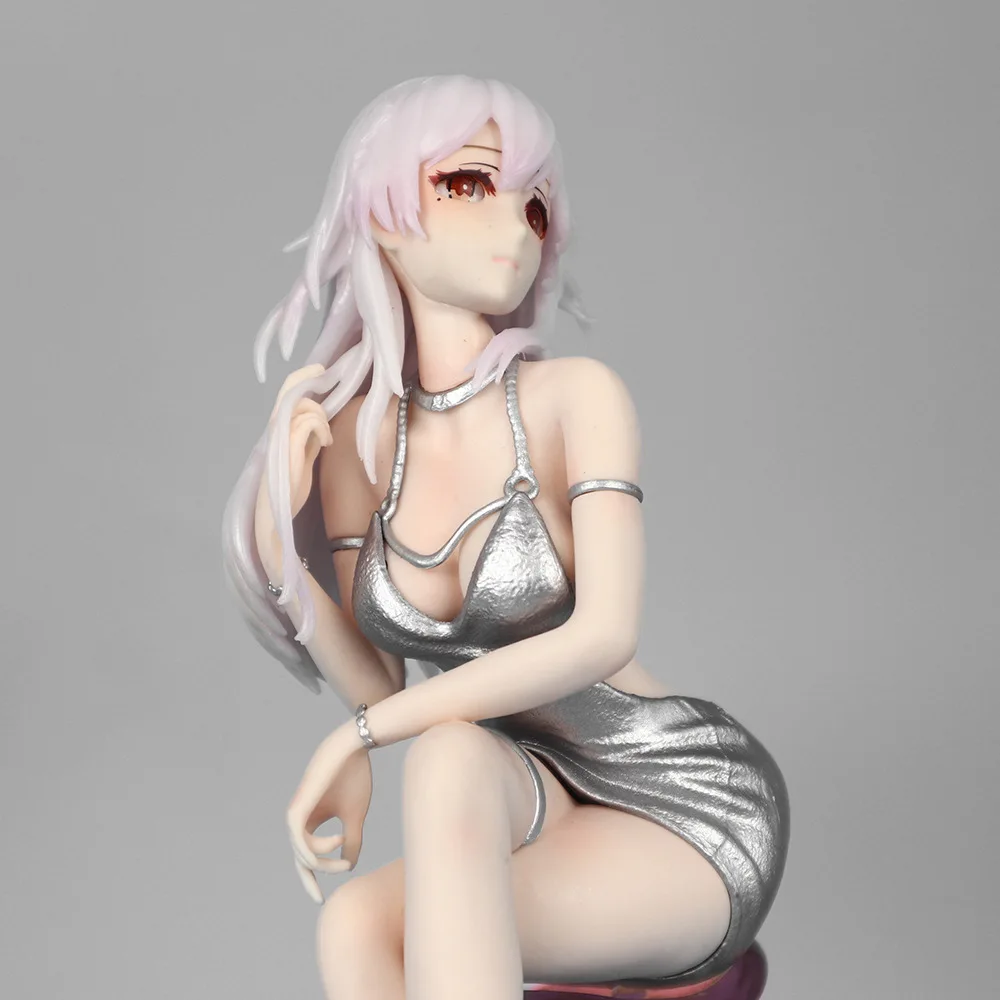 New Sitting Beauty Statue White Long Hair Silver Dress Anime Style Cute Girl Desk Ornament Figurine Decoration Collectible Items