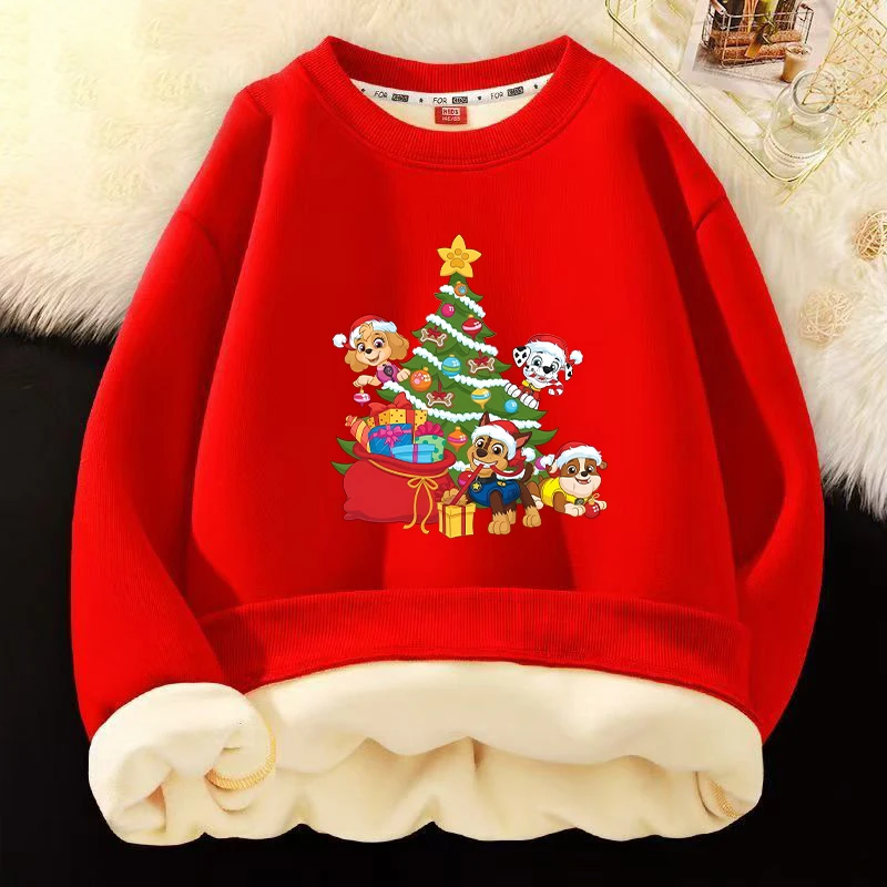 PAW Patrols Christmas Thickened Fleece-lined Kid Boy Sweatshirt Chase Skye Cute Without Hoodie Warm Pullover Winter New Year Red