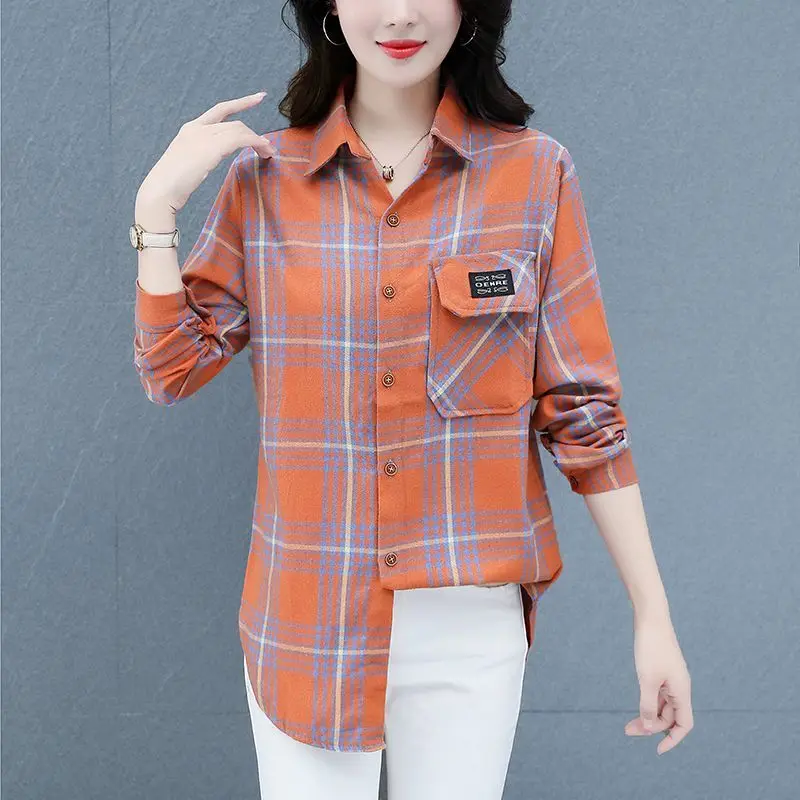 Vintage Classic Plaid Applique Button Up Shirt Fashion Casual Irregular Loose Long Sleeve Cotton Tops Blouses for Women Clothing