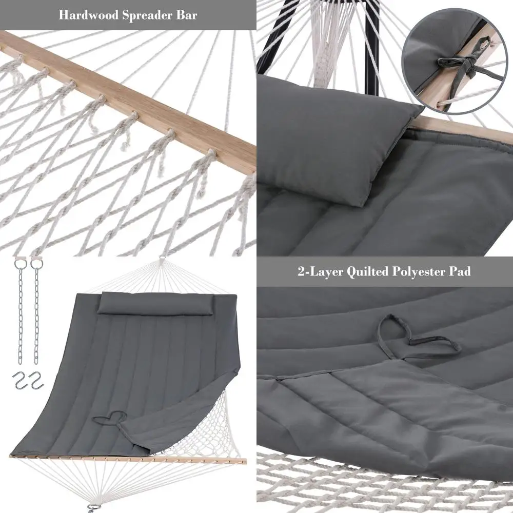 

Двойной гамак с барами из твердой древесины и подушечкой из полиэстера, на 2 человека, темно-серый