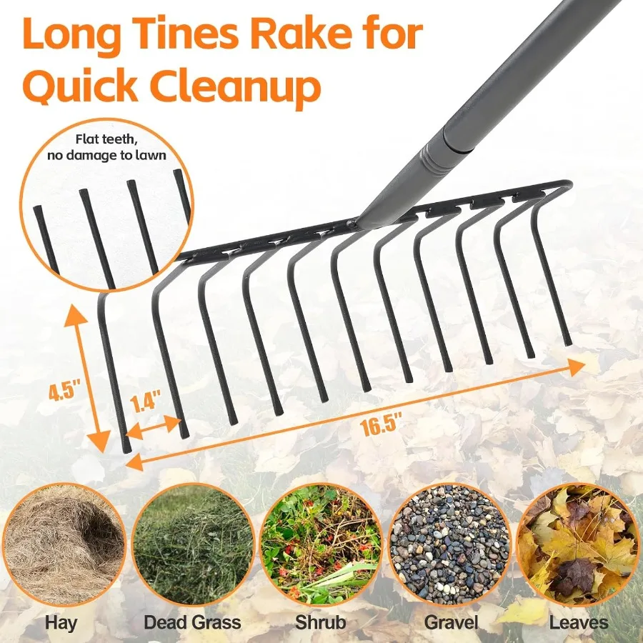 Ancinho de jardim resistente com 11 alvos de metal para uma coleção eficiente de agulhas e folhas de pinho com escova de grama morta de feno em grande Ya