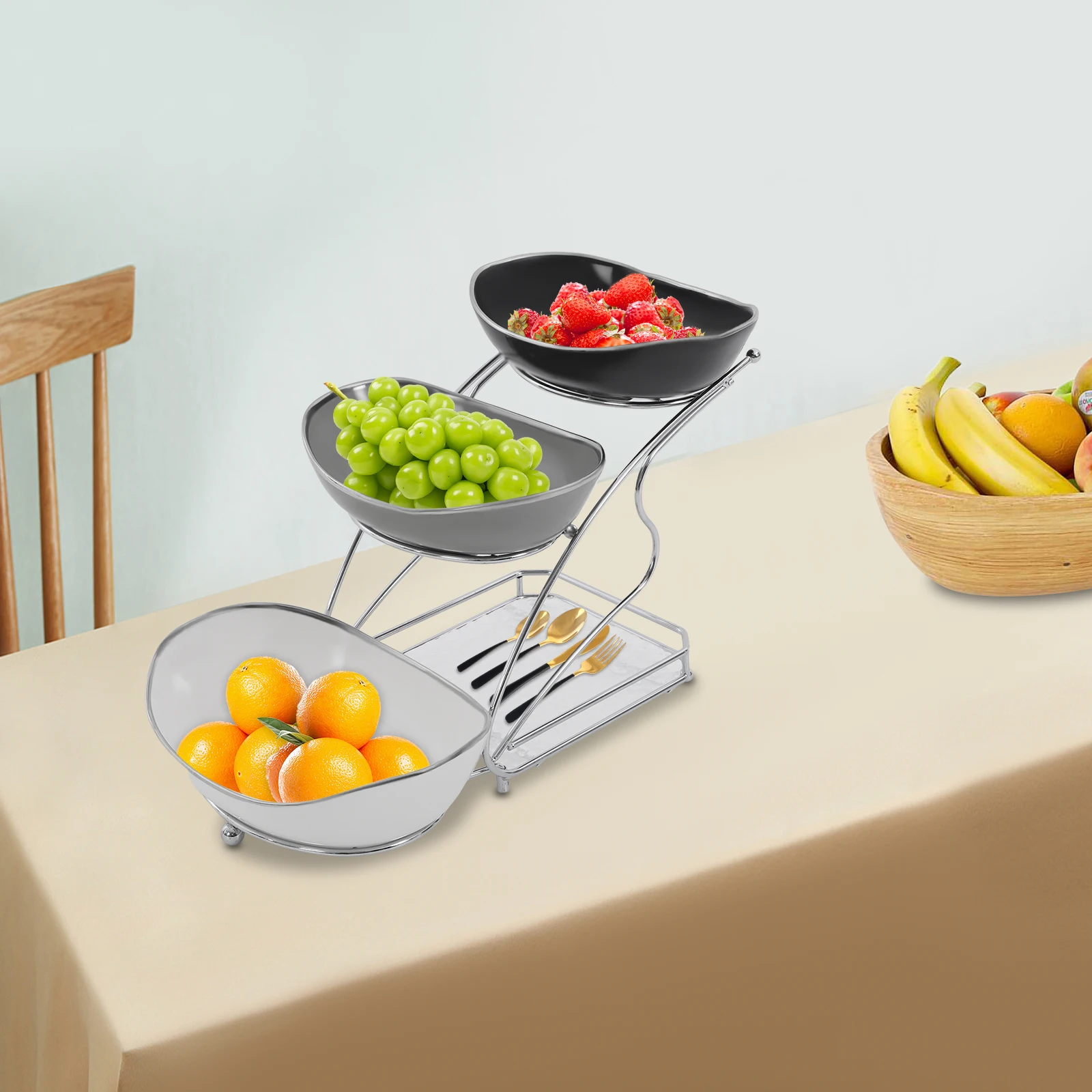 

3-Tier Ceramic Fruit Snack Serving Bowl Set, Modern Tiered Fruit Display Stand with Acrylic Base, Iron Frame for Kitchen, Party