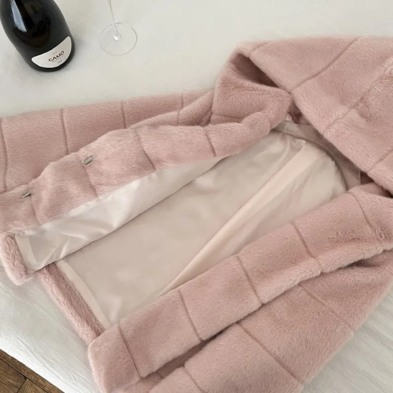 Women‘s Pink Hooded Furry Jacket Fluffy Stripe Solid Warm Thick Faux Fur Jacket Loose Luxury Elegant Fancy Plush Coats Faux Mink