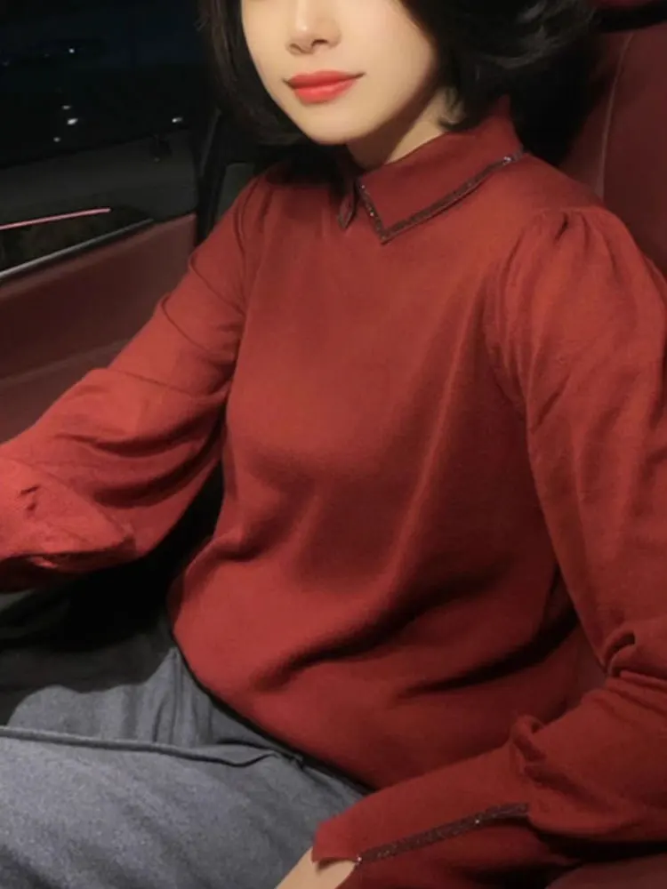 

Модный плотный вязаный топ с длинными рукавами и стразами, свободный повседневный базовый топ для женщин, весна-осень, корейский стиль