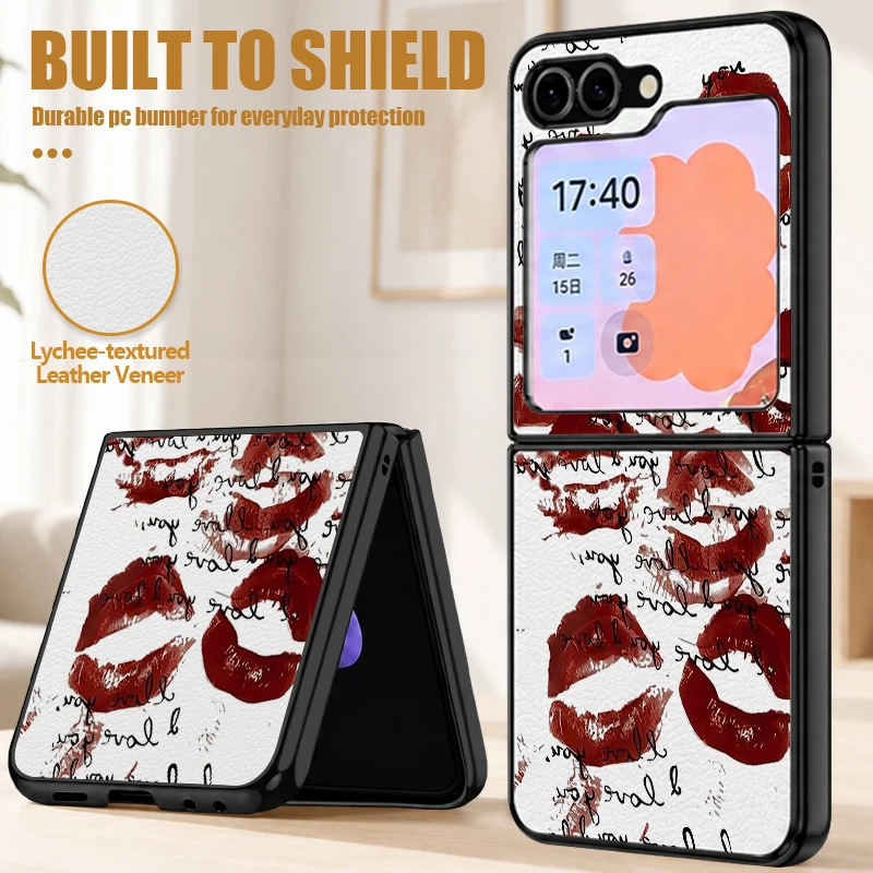 Premium PU Leather Phone Case For Samsung Galaxy Z Flip 8 7 FE 6 5 4 5G Lip Print Hard PC Back Cover For Galaxy Z Flip8 Flip7