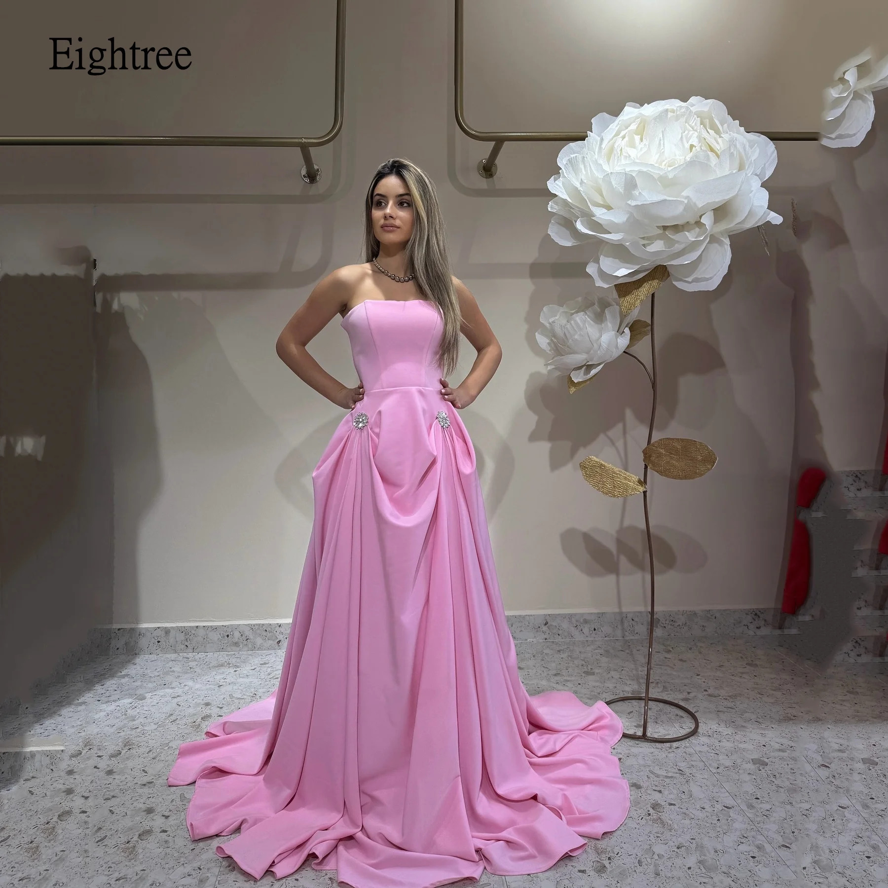 

Eightree Elegant Beaded Pink Strapless A Line Prom Gowns Backless Formal Party Gown Long With Tail Evening Dress Customized
