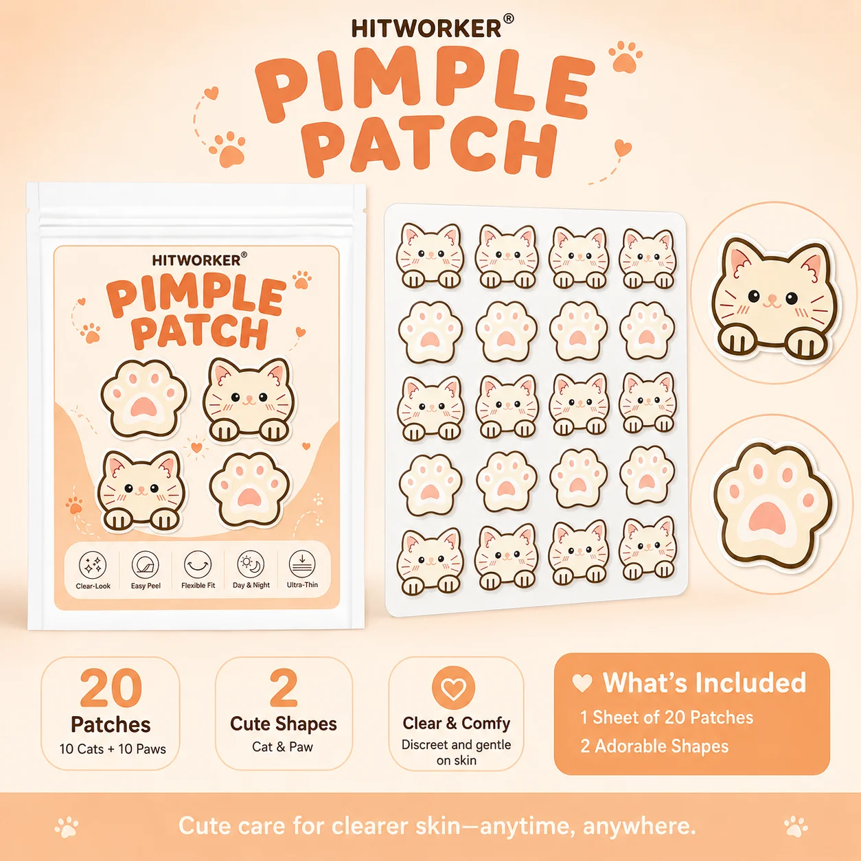 200/100 high-quality cute cartoon cat hydrogel acne patches, alcohol-free, tasteless, can deeply clean acne patches