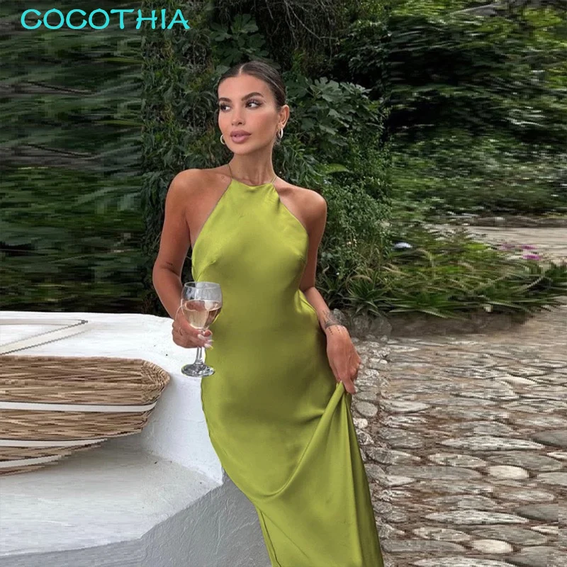 COCOTHIA Spaghetti Strap Slash Neck Halter Sleeveless Cross Backless Satin Maxi Dress Elegant Summer Street Trendsetter Vestidos