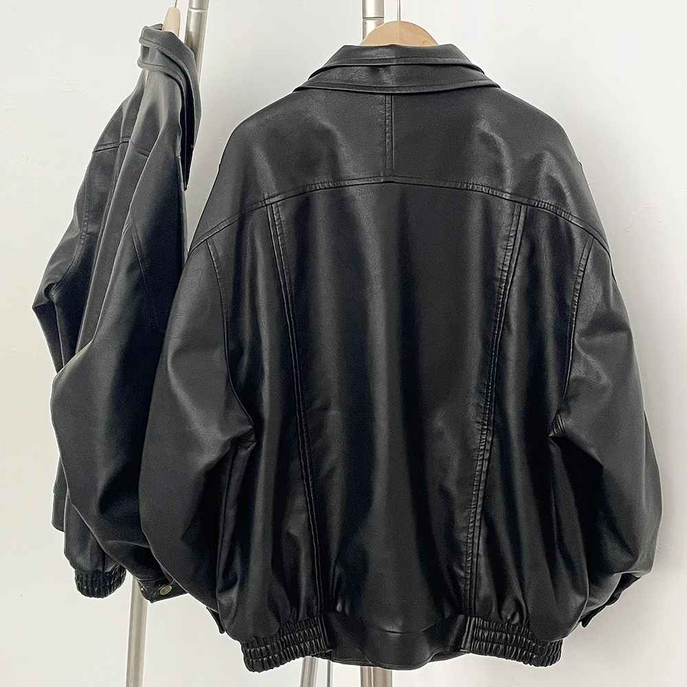 2025 Spring Autumn PU Jacket Female Loose Motorcycle Faux Leather Coat Female Solid New Retro Standing Collar Top Vintage Coat
