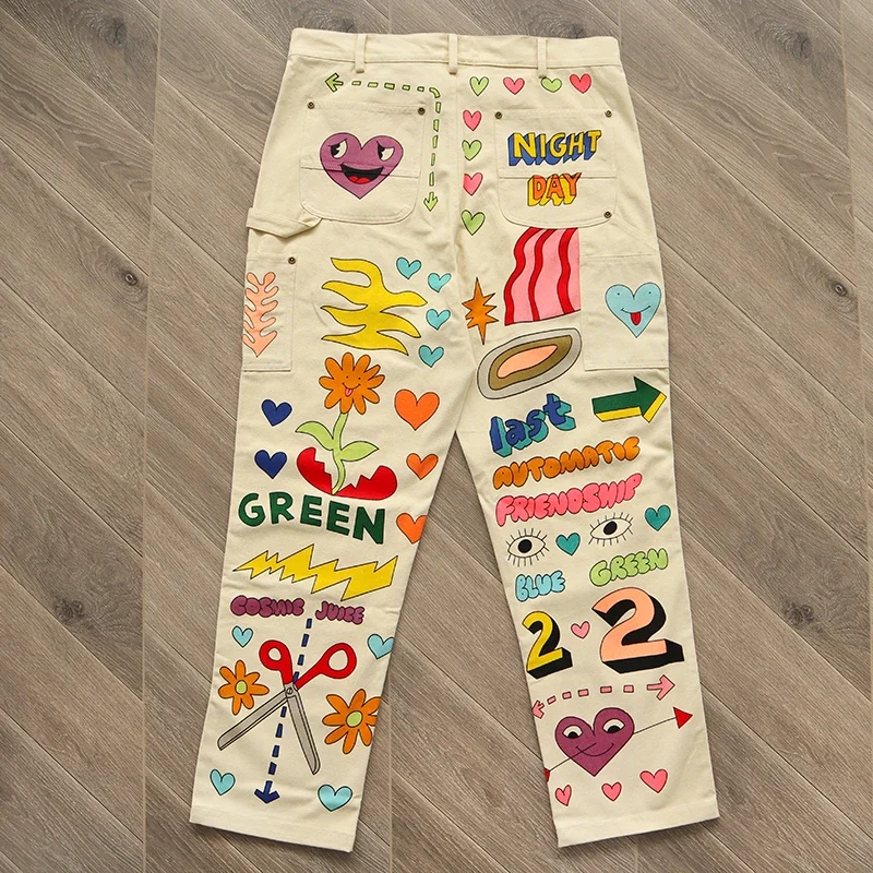 

2023ss High Street Vintage Hand-painted Pattern Cargo Pants Men Women Top Quality Trousers