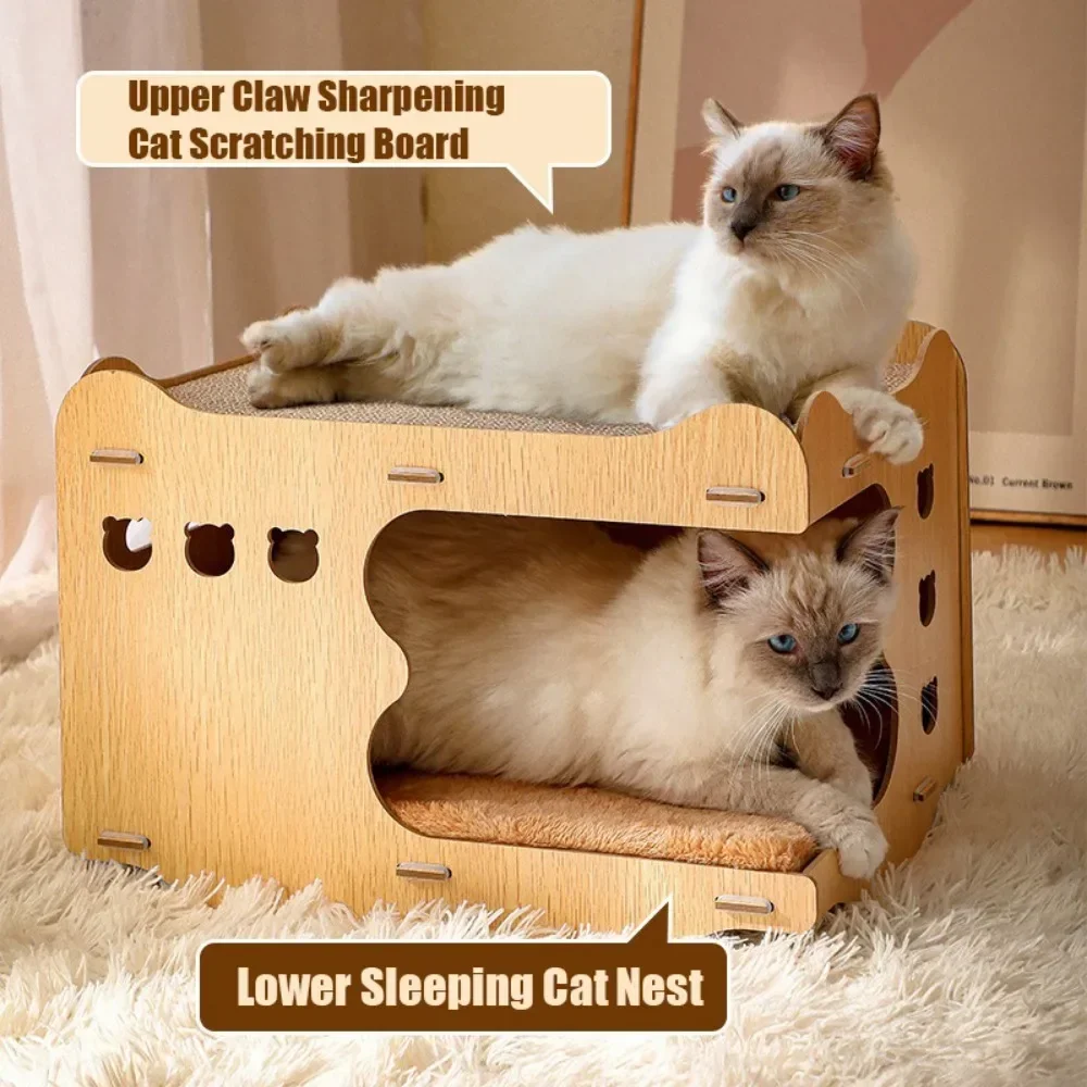 Wooden Cat Scratching Board Nest All-in-one Vertical Double Stackable Corrugated Cardboard Scratch-resistant Removable Cat Toys