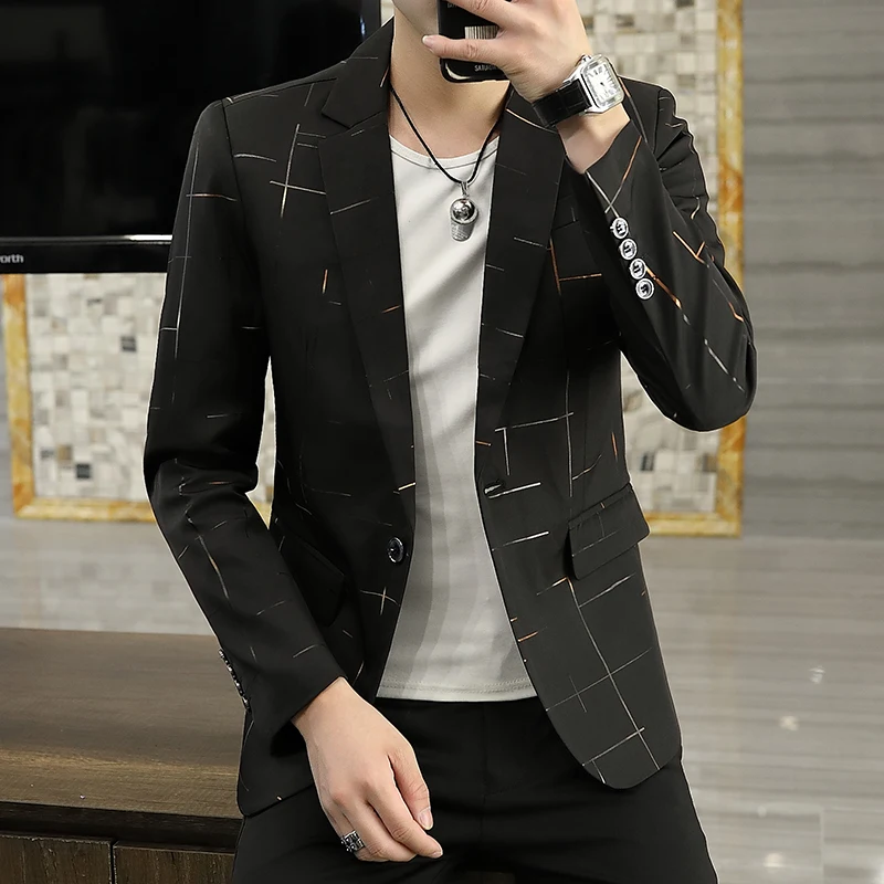 2024 Autumn Gold Striped Men's Suit Jacket Korean Slim Fit Casual Blazers Social Office Hairstylist Dress Coat Men Clothing