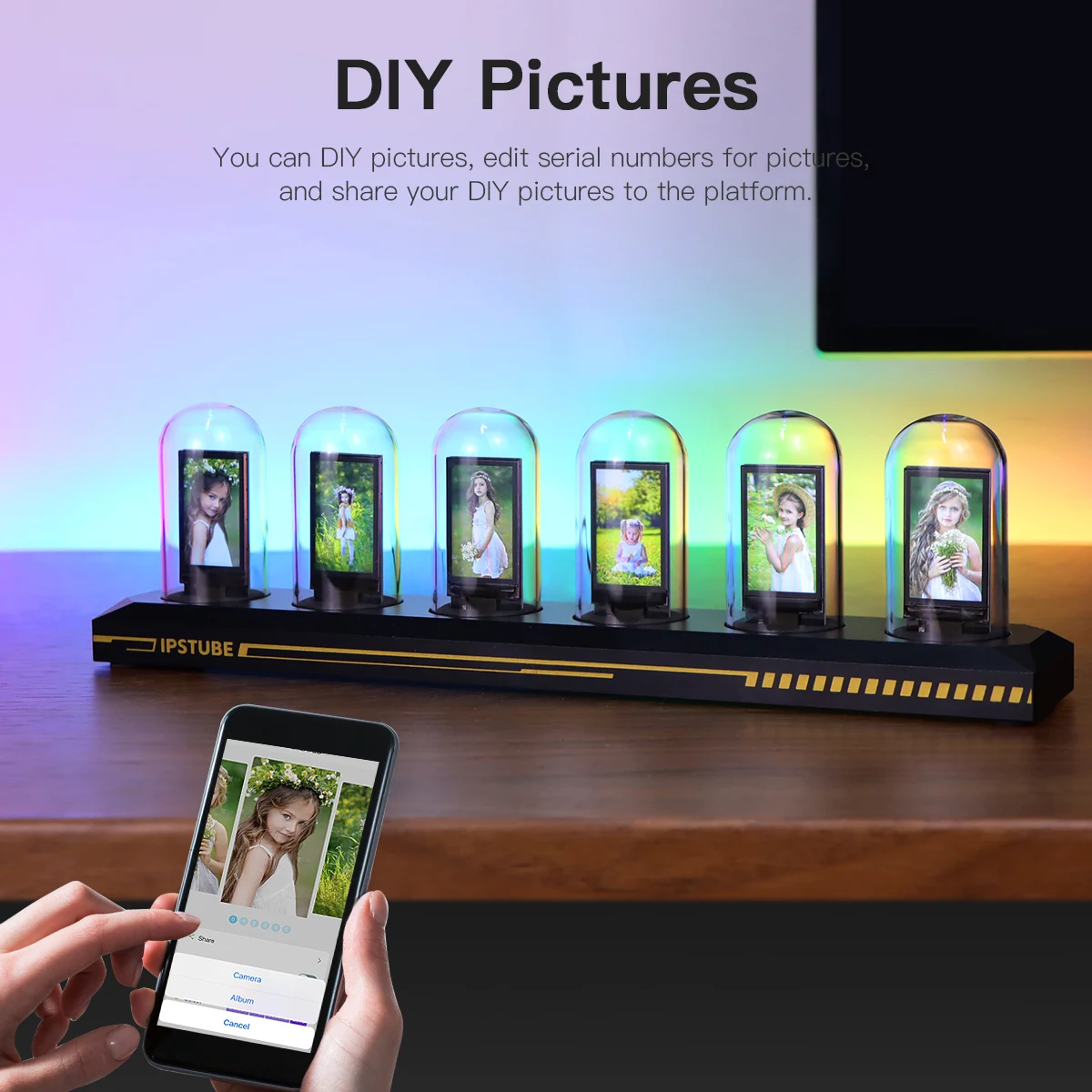 Creative Smart Bluetooth WiFi USB LED Glows Desk Lamp,RGB Nixie Digital Tube Clock IPS Color Display Screen Desktop Decor Gift