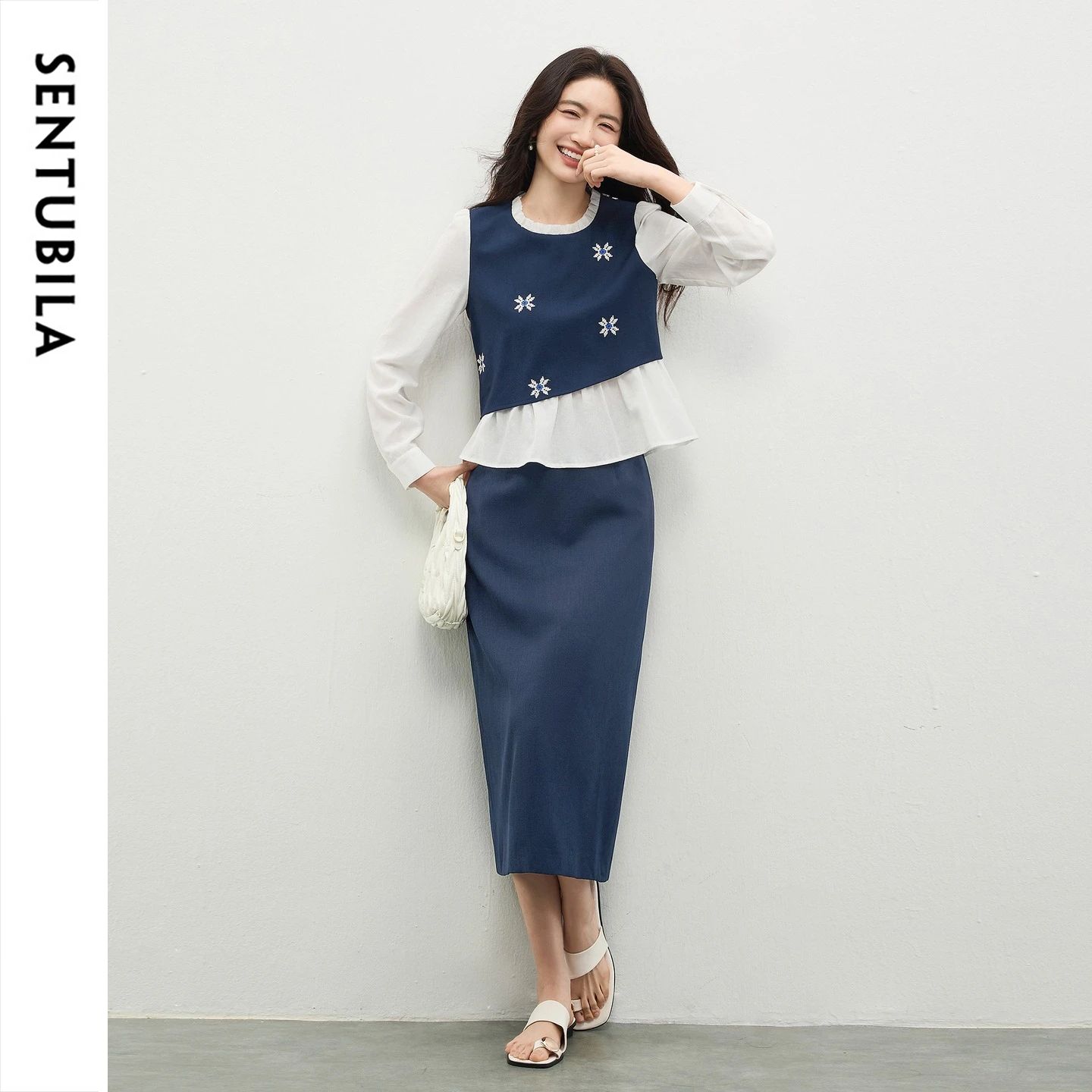SENTUBILA Tweed Matching Set Women Spring Autumn Elegant Linen Blend 2026 2 Piece Ruffle Round Neck A Line Skirt Set 161ZK5782