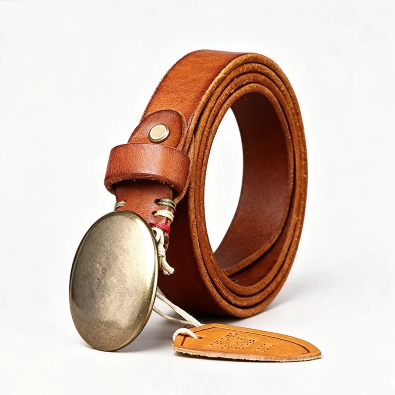 Vintage Top-grain Leather Smooth Buckle Belt for Women, Personalized Plate Buckle Waist Belt for Jeans