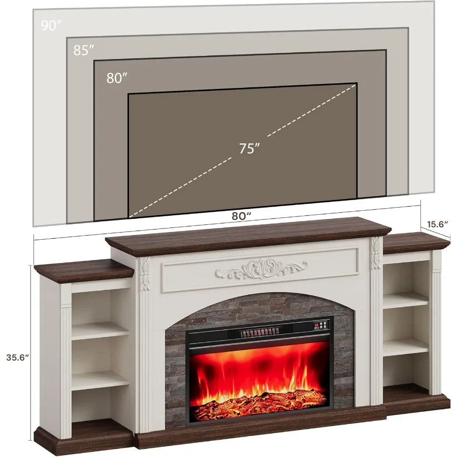 80 مدفأة كهربائية مع رف وحامل تلفزيون لأجهزة التلفاز حتى 90 مركز ترفيهي حديث يتميز بحجر مكدس واقعي S #2