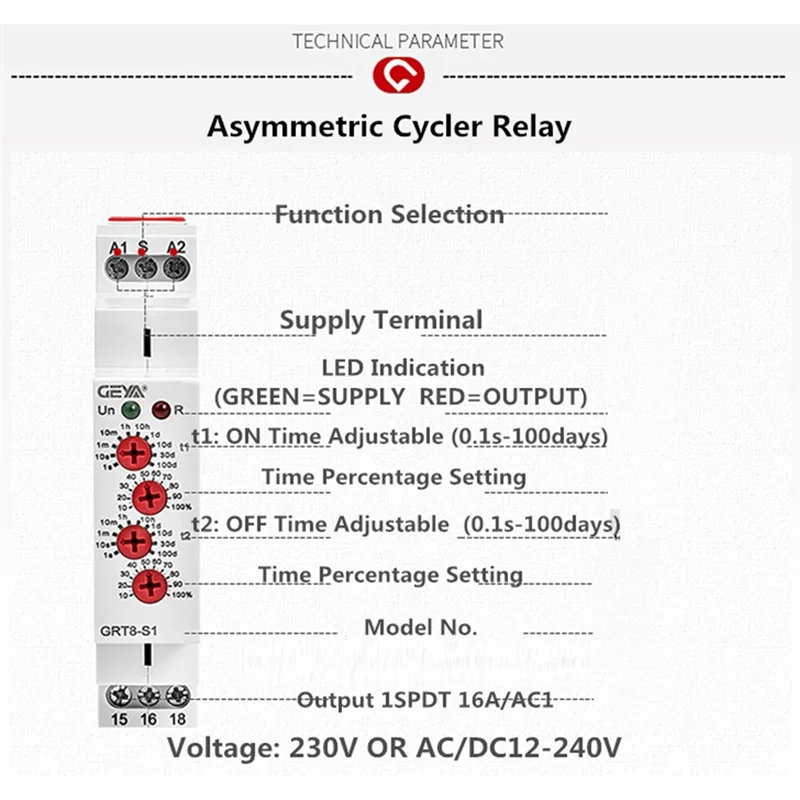 A33Z-GEYA GRT8-S Asymmetric Cycle Timer Relay SPDT 16A Electronic Repeat Relay, GRT8-S1