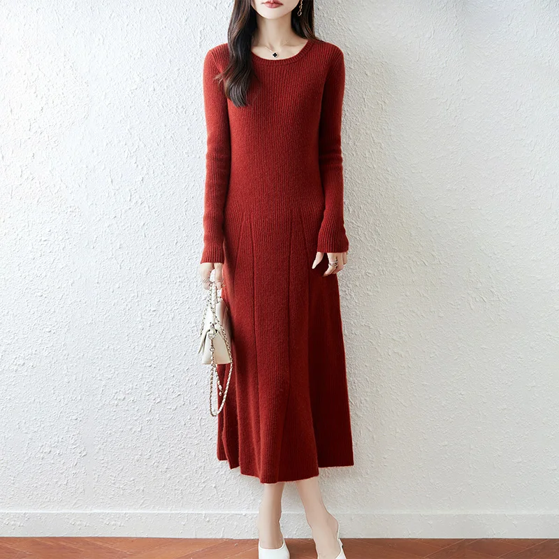 MEETCC فستان نسائي 100% من صوف ميرينو بطيات للخريف والشتاء فستان سميك بأكمام طويلة بطول الكاحل فستان كشمير أنيق ودافئ ناعم #2