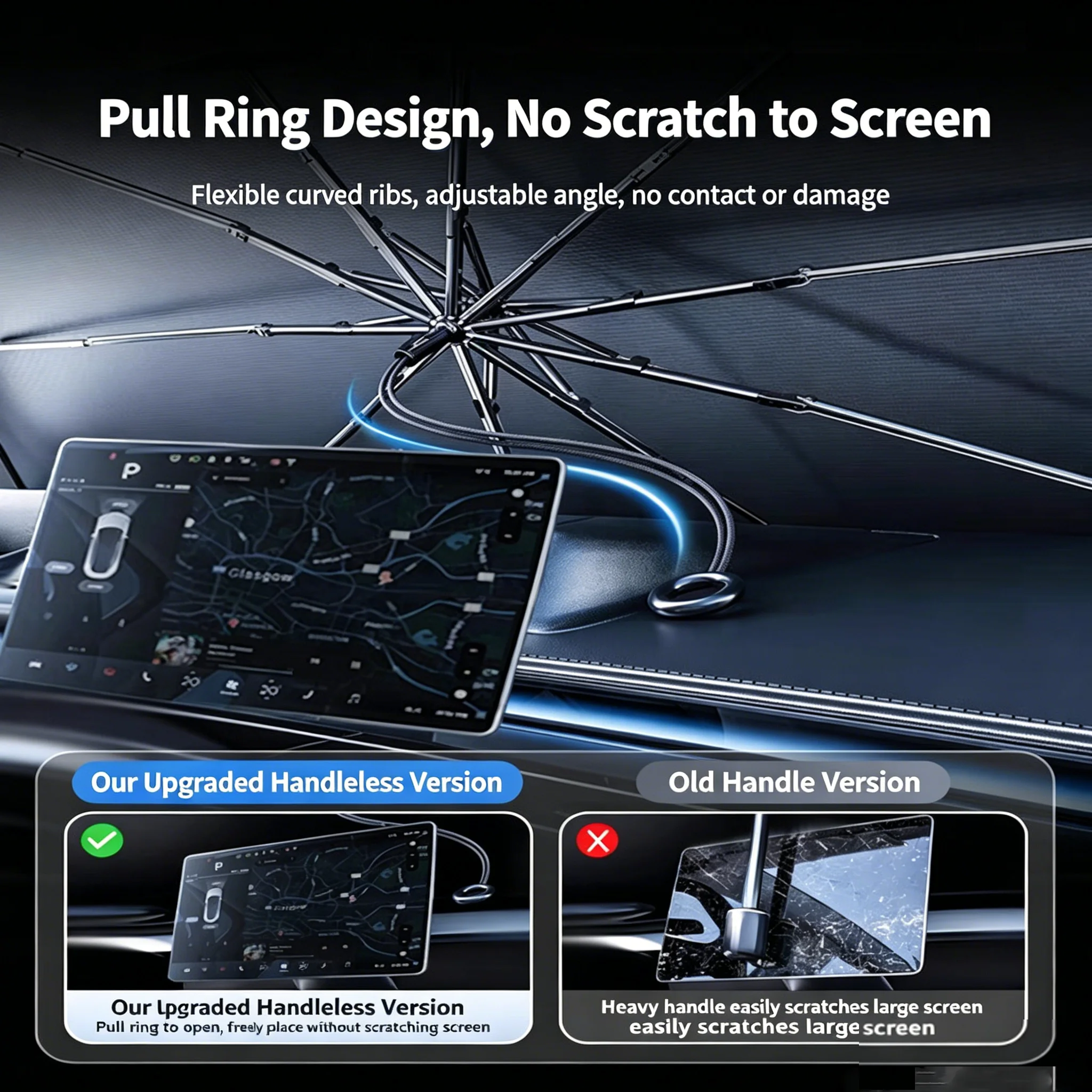 

Car front windshield sunshade - heat insulation and UV protection - interior cover with pull ring for sun protection and shade.