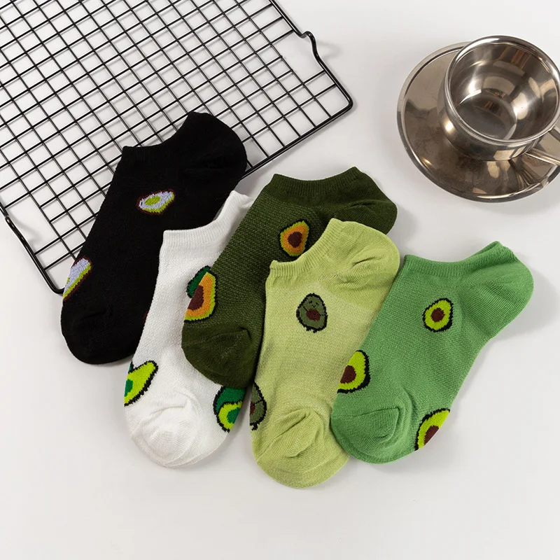 5 paia di calzini alla caviglia con avocado, cartoni animati, moda fresca, traspirante, estate e autunno, comfort Kawaii, calzini da barca a taglio basso da donna