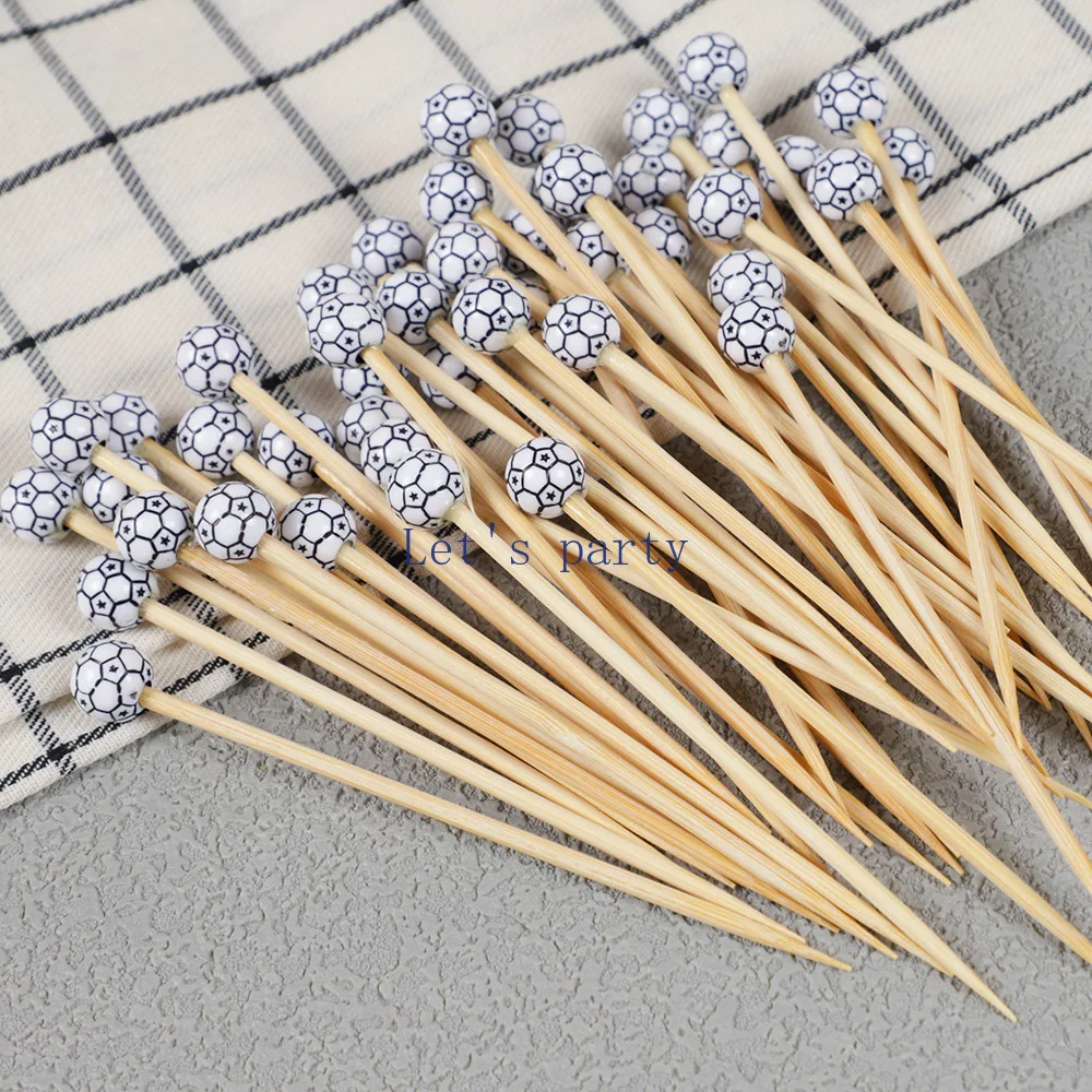 50Pcs Sports Football Theme Disposable Bamboo Skewers Food Picks Buffet Fruit Cocktail Fork Sticks for Kids Birthday Party Decor