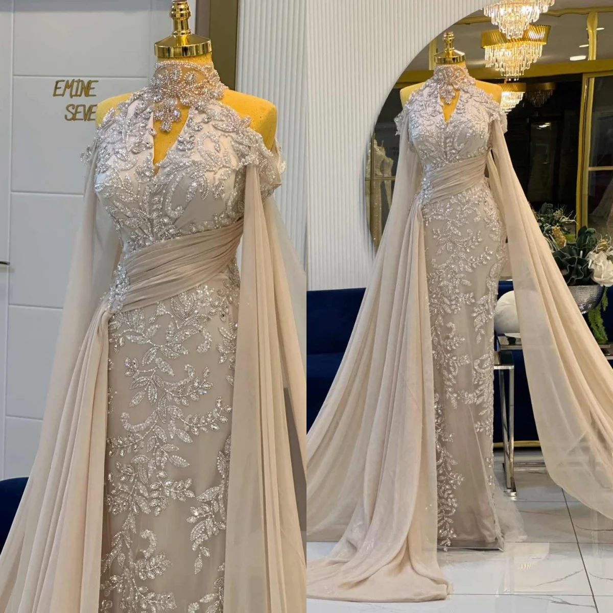 بريق الديكور حورية البحر فساتين السهرة الرقبة العالية بلا أكمام الحفلة الراقصة بلورات مناسبة رسمية حزب مخصص #1