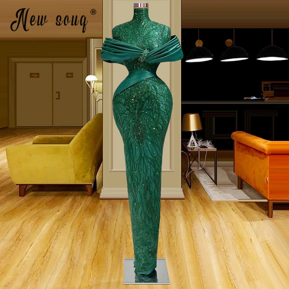 Ladies Emerald Green Evening Dress Muslim Prom Gowns Plus Size Custom Made Beaded Mermaid Celebrity Party Dresses De Soiree