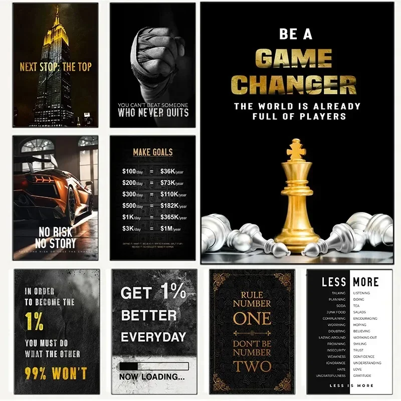 لوحة قماشية بالاقتباسات التحفيزية ، لا توجد مخاطر ، أقل نجاحًا أكثر إلهامًا ، فن جداري لغرفة المكتب ، ديكور المنزل #1