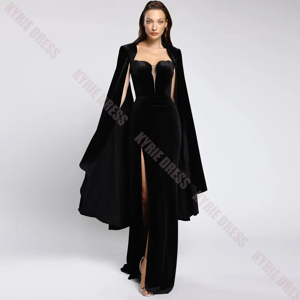 Women's Formal Evening Gowns with Cape Velvet Sleeveless Column Mermaid Slit Wedding Guest Dresses Floor Length Prom Party Gown