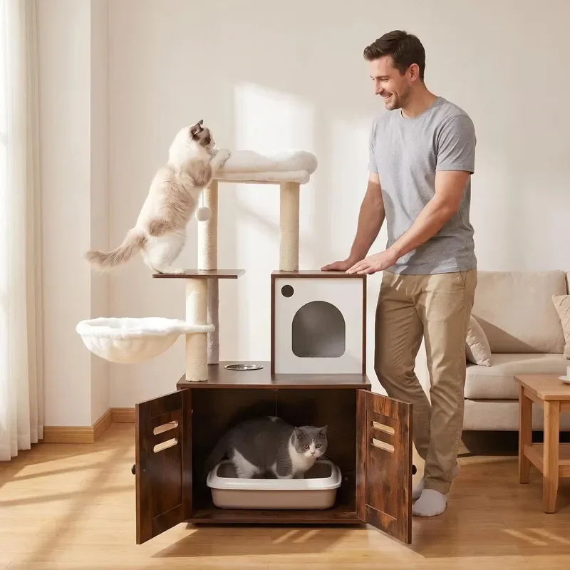 Modern Solid Wood Large Breed Villa Cat House Storage Bench Pet Furniture Box Cabinet Easy Clean All Seasons Hook Loop