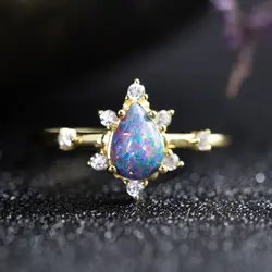 Unique Water Drop Black Fire Opal Rings For Women Gold/Silver Plated Natural Rainbow Wedding Bands Bridal Anniversary Halo Ring
