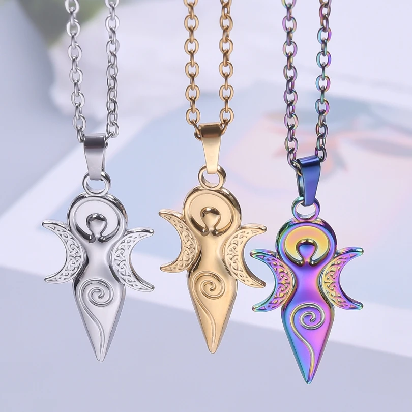 1pc Witch Triple Moon Goddess Necklace Charm Pagan Jewelry Stainless Steel  Greek Mythology Wiccan Witchy Necklaces Choker Gift