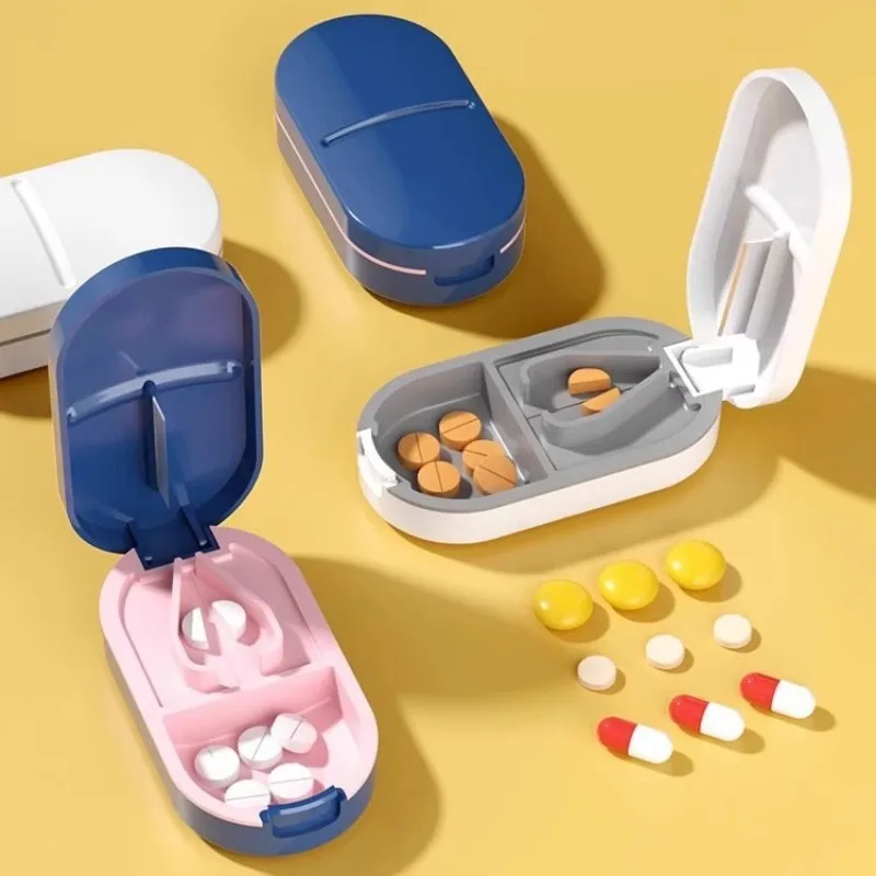 Portable Pill Cutter and Organizer Box with Quarter Splitter Medicine Storage Case for Vitamins Tablets Daily Medication