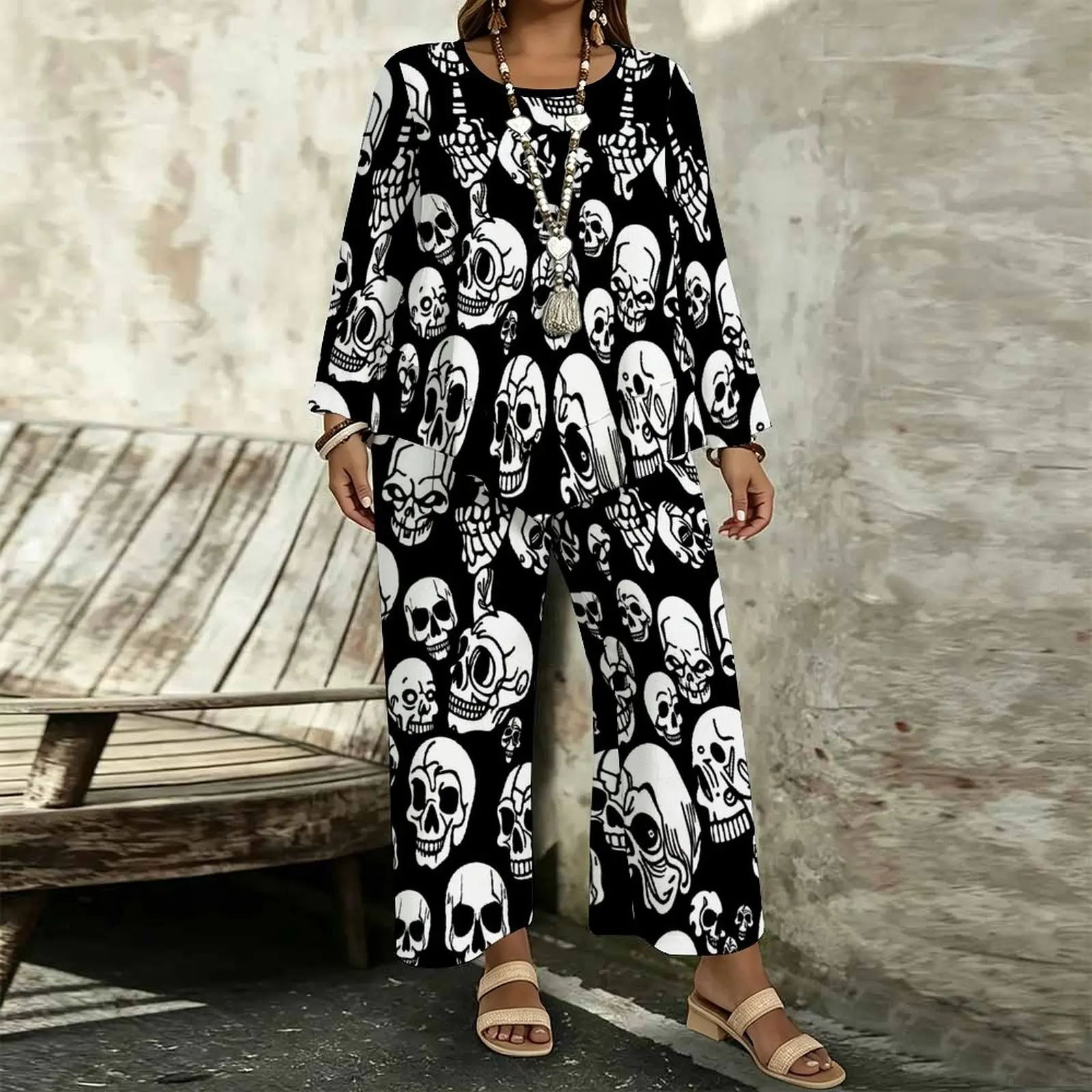 Plus Size Women Spring/summer Print Two Piece Set Street Vacation Long Sleeves Fashion Retro Tops Everyday  Casual Long Pants