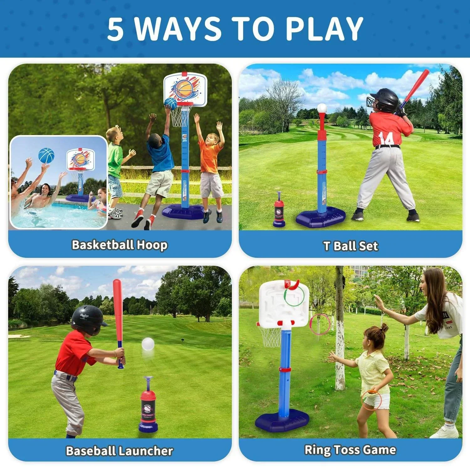 Spelletjes voor kinderen Buitensportspeelgoed 4-in-1 verstelbare basketbalschieten T-bal Honkbal Indoor oefening voor jongens Meisjes Kinderen