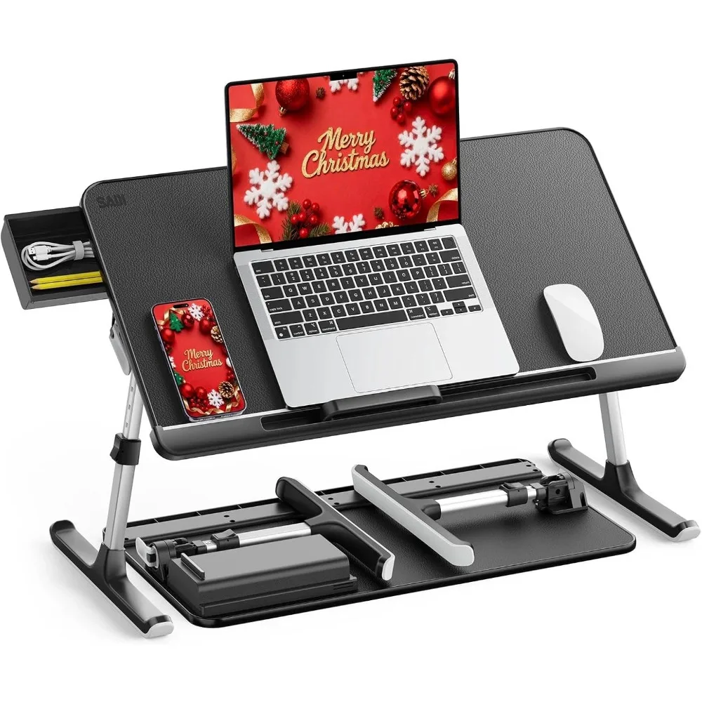 

Adjustable Laptop Bed Tray Table with Storage Drawer, Foldable Portable Standing Desk for Sofa Couch Floor in Dark Black