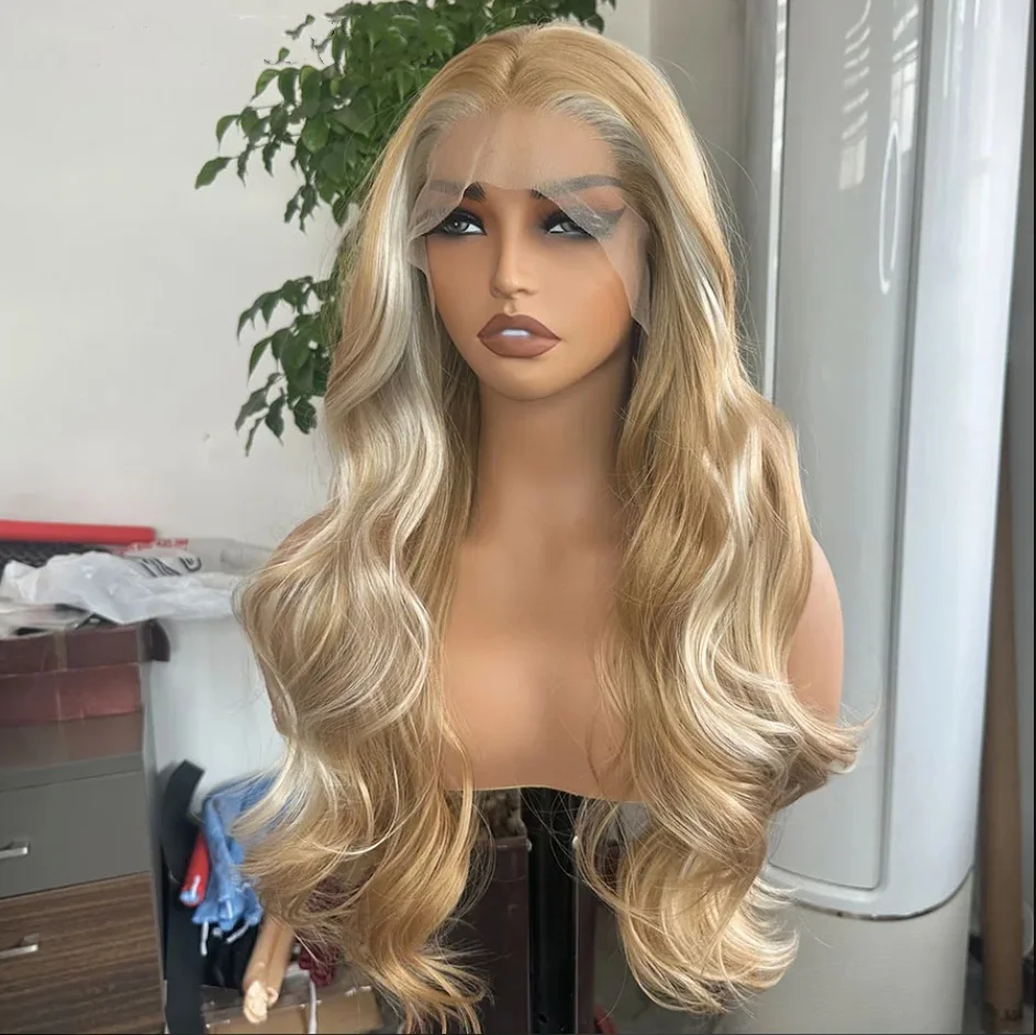 Peluca sintética ondulada de cuerpo largo, resaltado rubio miel, parte media, pelucas frontales de encaje, encaje Frontal prearrancado, línea de cabello realista