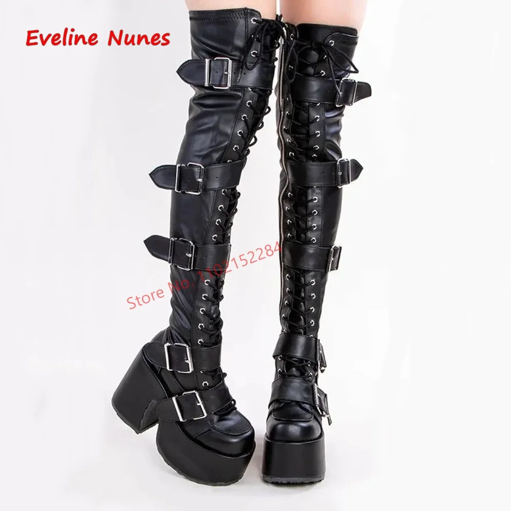 Pink Platform Over The Knee Boots Women's Luxury Brand Leather Round Toe Chunky Heel Fashion Plus Size Sexy Elastic Shoes