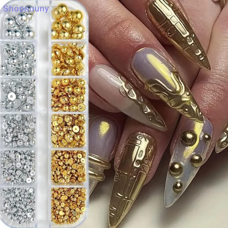 [SU]12Grids Mixed Semi-circular Pearl Gold And Silver Nail Charms Nail Decor Manicure Nail Salon Accessories[SU]