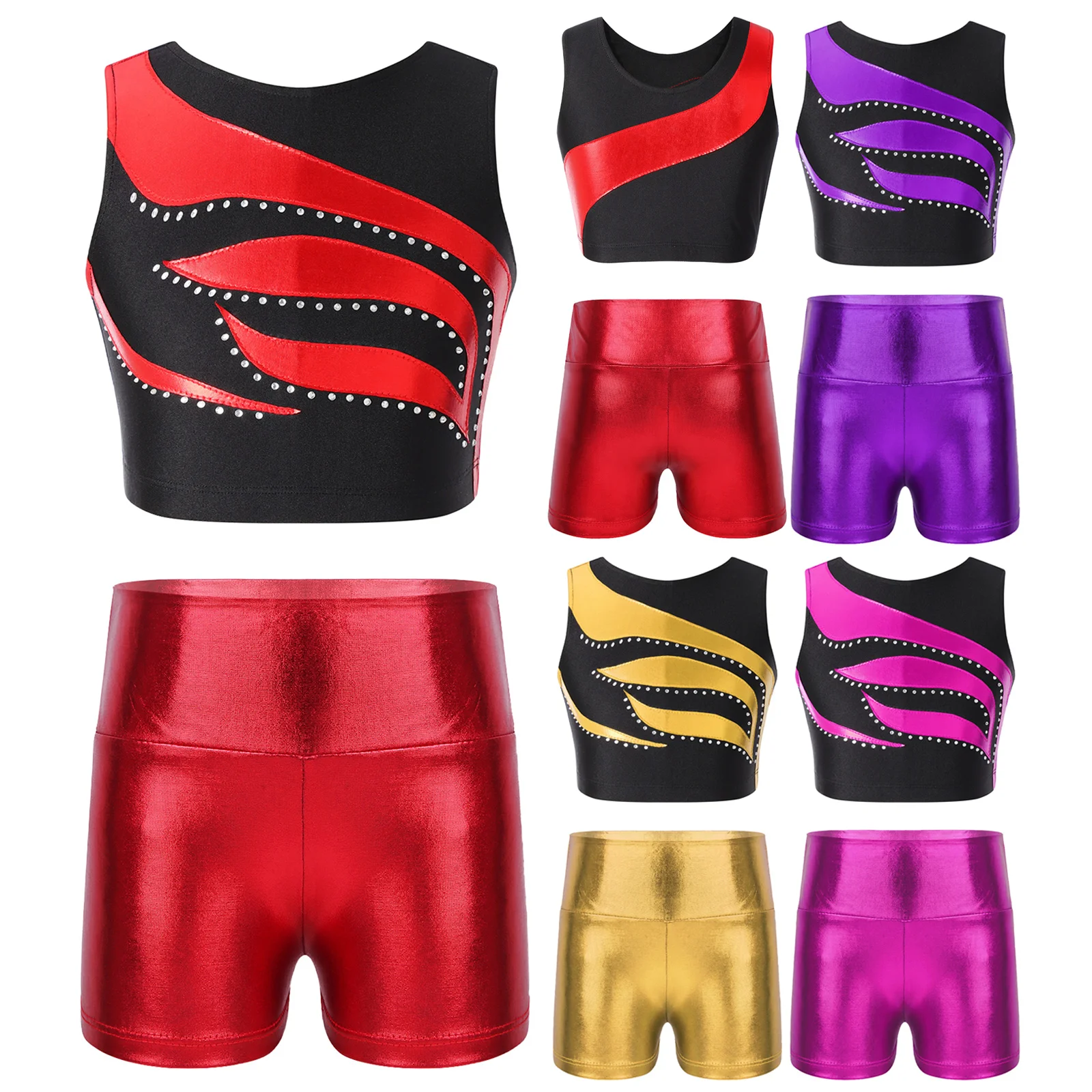 Kids Girls 2Pcs Dance Gymnastic Outfit Sleeveless Shiny Rhinestone Patchwork Metallic Crop Top with High Waist Shorts Sportswear