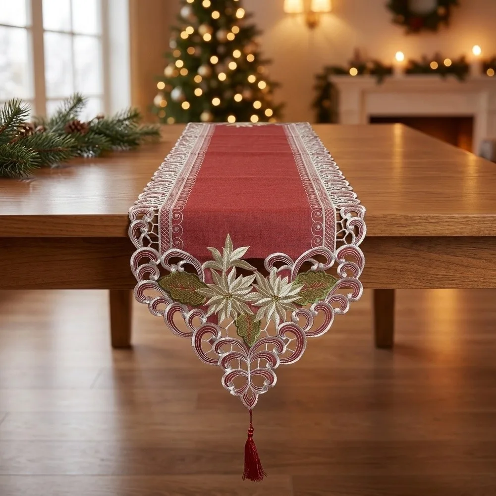 Polyester Table Scarf 40x175CM Red Festive Design with Embroidered Flowers and Hanging Tassel for Dining Table