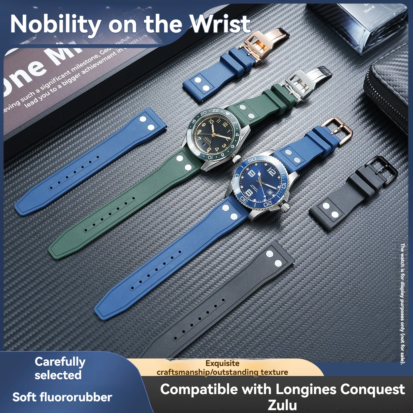 22mm FMK Men's Fluorocarbon Rubber Strap for Longines Pioneer Admiral L3.812, L3.802, and Zulu Time Equestrian Series