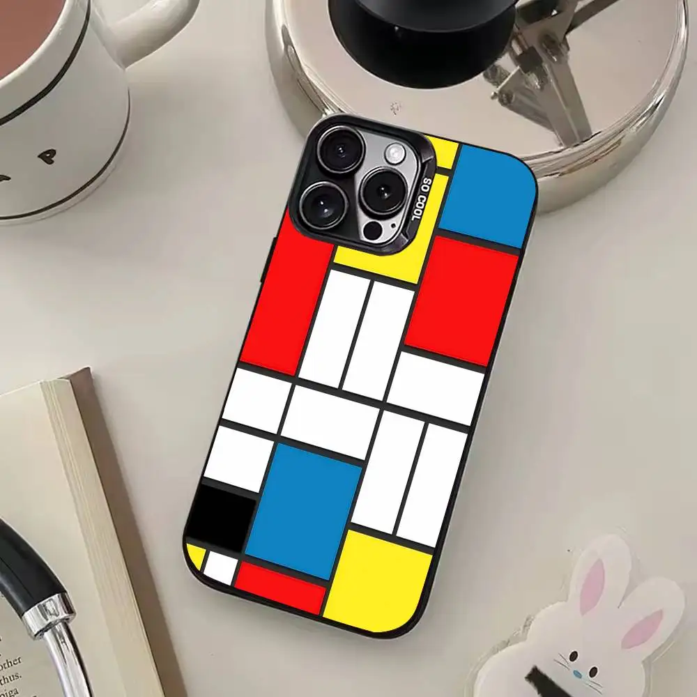 Custodia per telefono con motivo artistico astratto P-Piet M-Mondrian per iPhone 17,16,15,14,13,12,11 Plus,Pro Max, custodia per telefono color argento