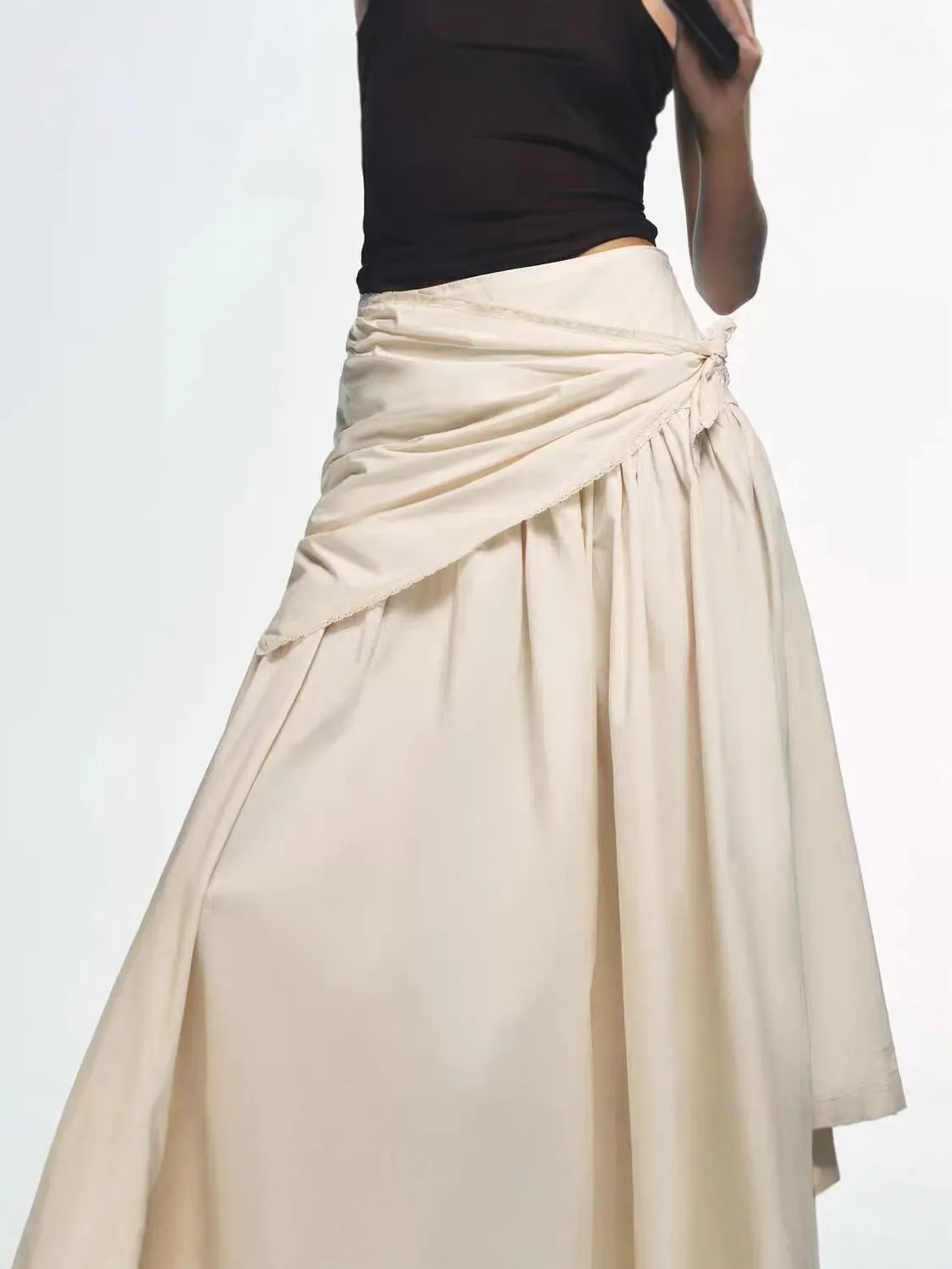 Women Wrap Midi Skirt Lace Trim Asymmetric Sash Tie Ruched High Waist Pleated Flowy A Line Long Skirt