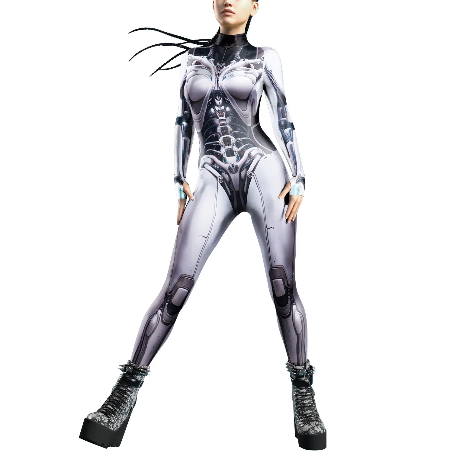 Teanoon Punk Costume for Women Front Zipper Carnival Party Zentai Bodysuit Female Robot Catsuit Purim Cosplay Clothes